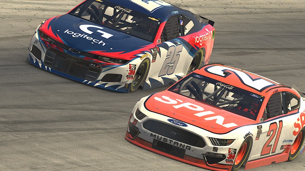 eNASCAR stock cars racing in a pack on an oval